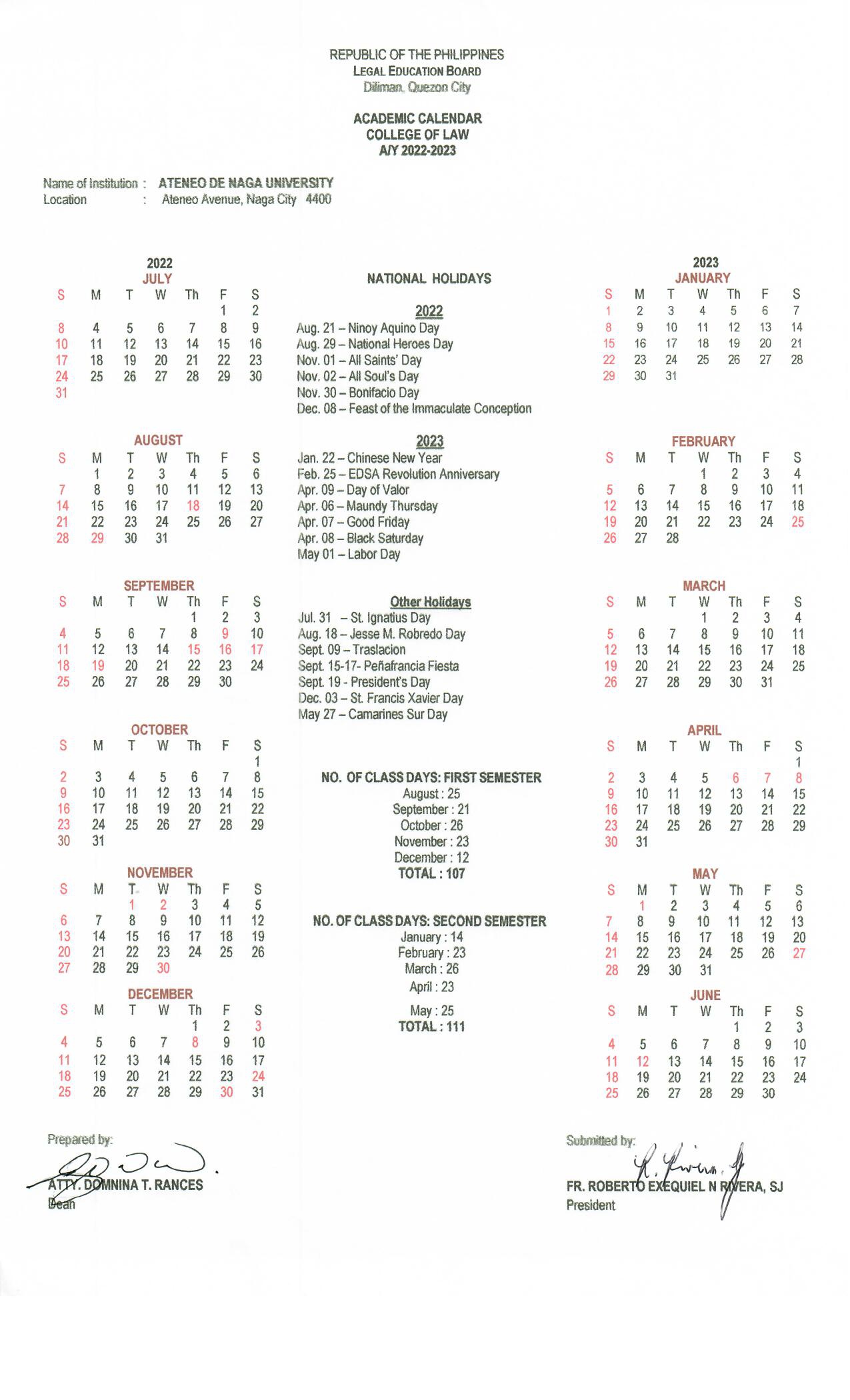 ADNU LAW: COL Academic Calendar AY2022-2023